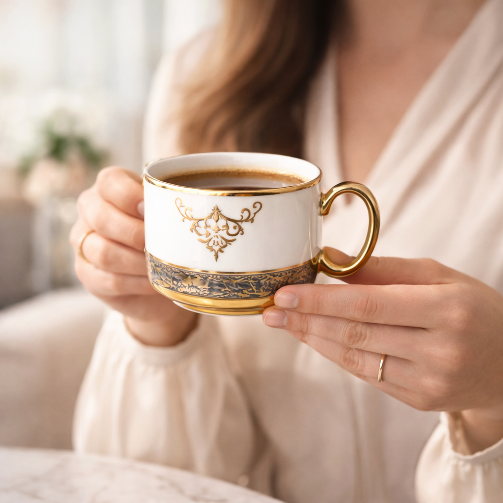 Jogo de Xícaras de Café 12 Peças em Porcelana com Detalhes Dourados | Kit Luxo Imperiale Gold