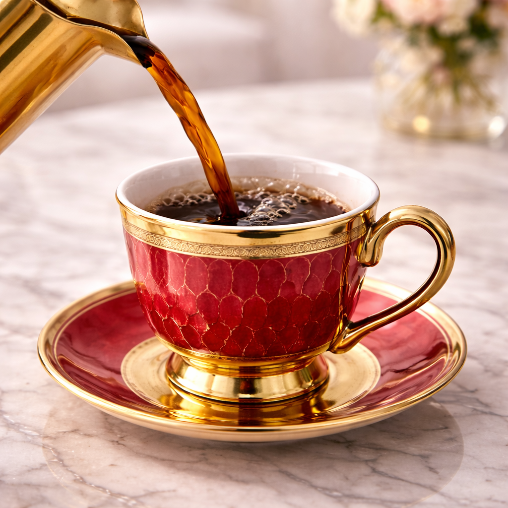 Juego de Tazas de Café de 6, 12 o 24 Piezas en Porcelana Roja con Detalles Dorados | Kit Royal Ruby