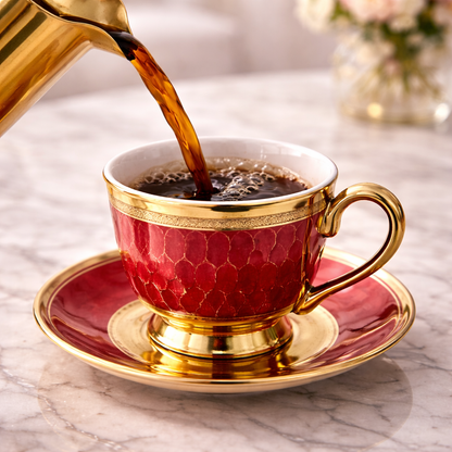 Juego de Tazas de Café de 6, 12 o 24 Piezas en Porcelana Roja con Detalles Dorados | Kit Royal Ruby