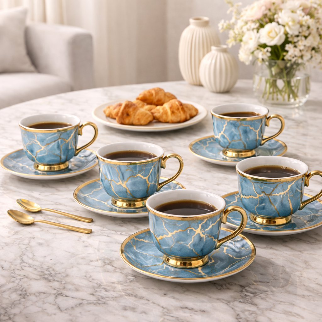 Juego de Tazas de Café en Porcelana Azul Marmolada con Detalles Dorados | Kit Blue Crystal