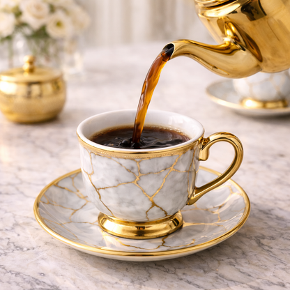 Juego de Tazas de Café en Porcelana Floral con Detalles Dorados | Kit Aurora Gold