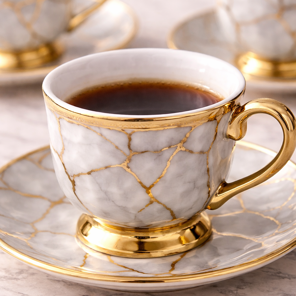 Juego de Tazas de Café en Porcelana Floral con Detalles Dorados | Kit Aurora Gold
