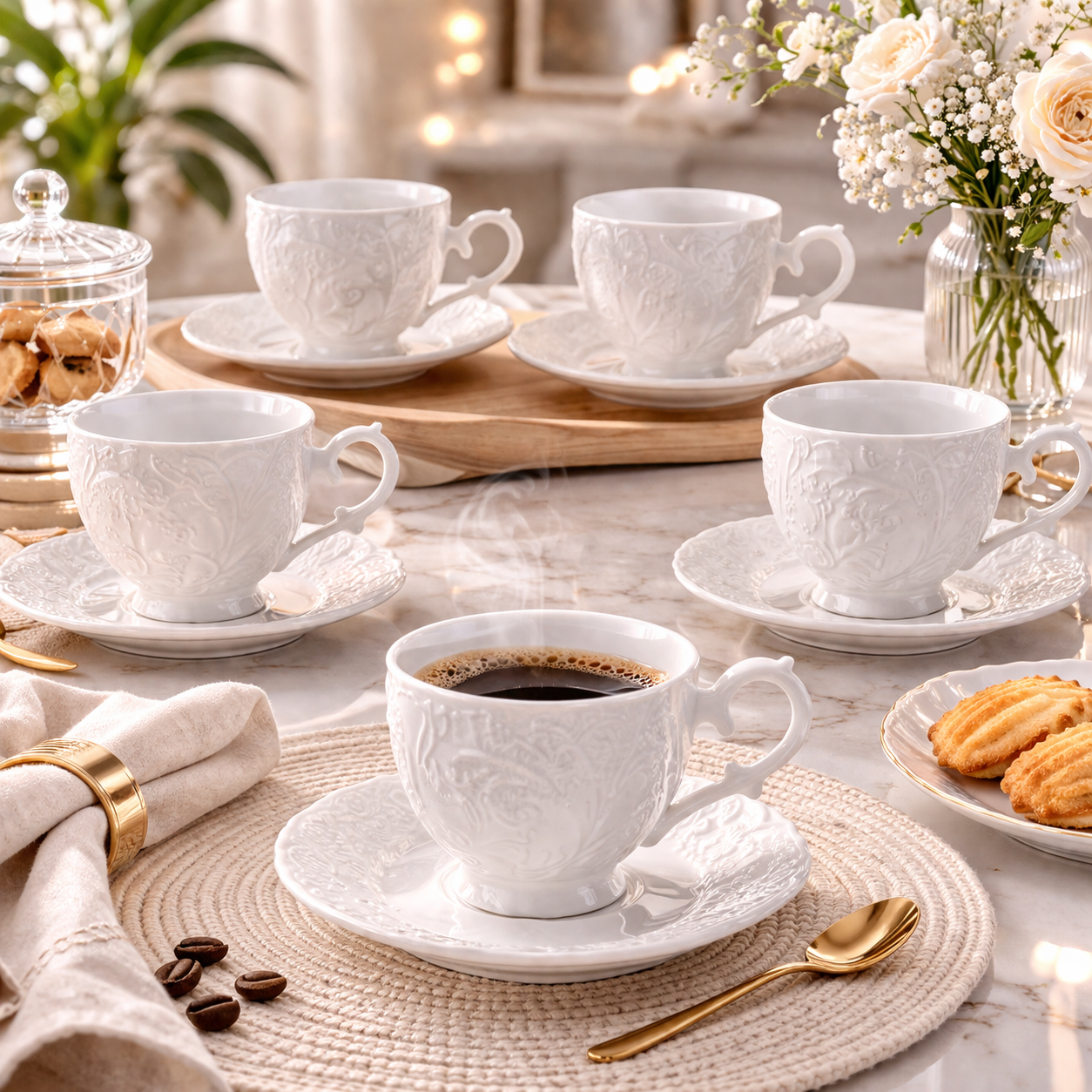 Juego de Tazas de Café en Porcelana Blanca con Relieve de Lujo | Kit Blanc Royal Cafeto