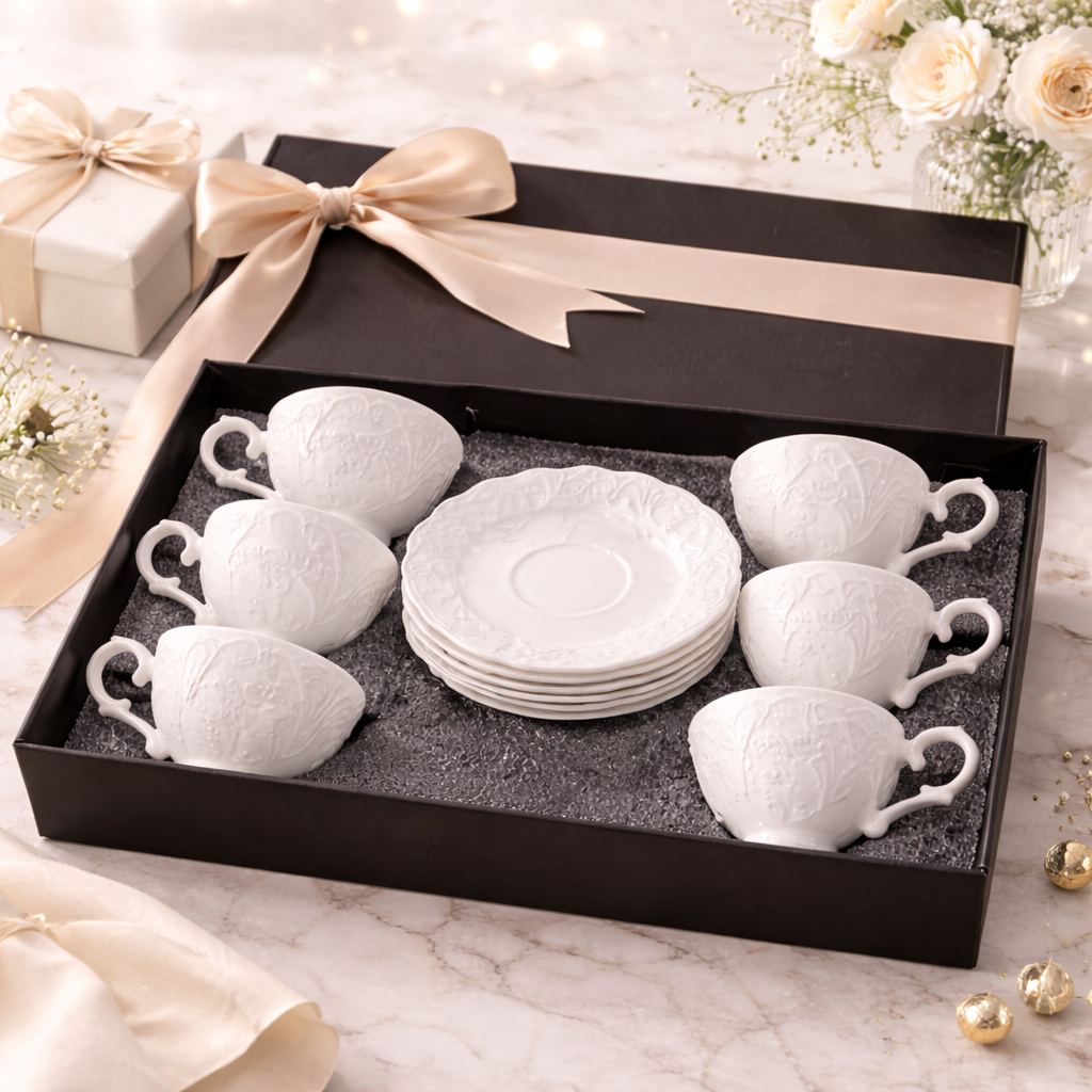Juego de Tazas de Café en Porcelana Blanca con Relieve de Lujo | Kit Blanc Royal Cafeto