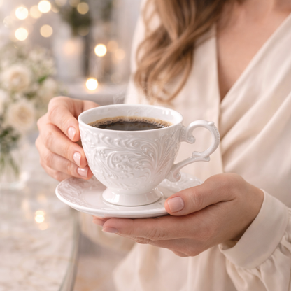 Juego de Tazas de Café en Porcelana Blanca con Relieve de Lujo | Kit Blanc Royal Cafeto