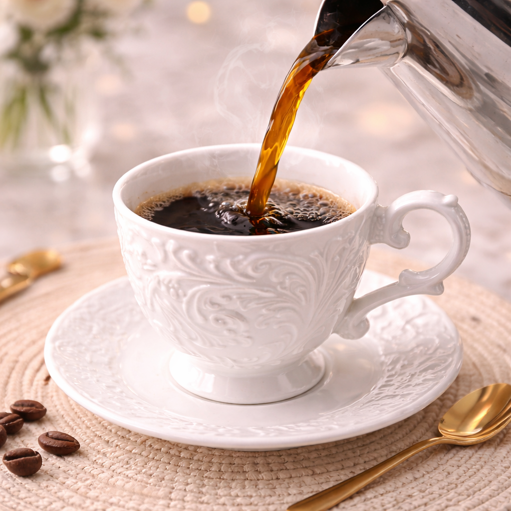 Juego de Tazas de Café en Porcelana Blanca con Relieve de Lujo | Kit Blanc Royal Cafeto