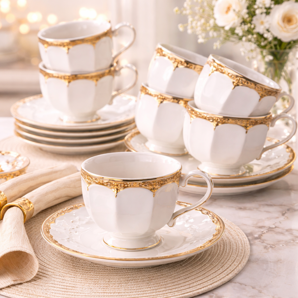 Juego de Tazas de Café de 6, 12 o 24 Piezas en Porcelana Blanca con Detalles Dorados | Kit Lujo Elegante Cafeto