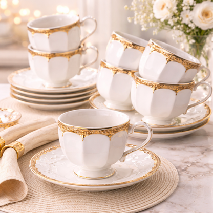 Juego de Tazas de Café de 6, 12 o 24 Piezas en Porcelana Blanca con Detalles Dorados | Kit Lujo Elegante Cafeto