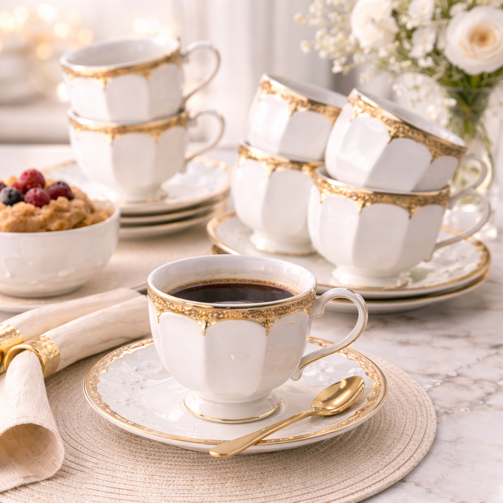 Juego de Tazas de Café de 6, 12 o 24 Piezas en Porcelana Blanca con Detalles Dorados | Kit Lujo Elegante Cafeto
