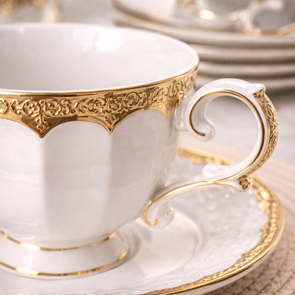 Juego de Tazas de Café de 6, 12 o 24 Piezas en Porcelana Blanca con Detalles Dorados | Kit Lujo Elegante Cafeto