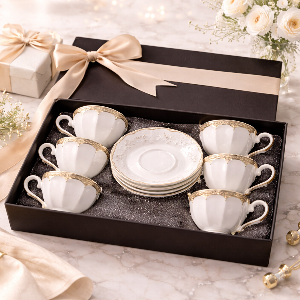 Juego de Tazas de Café de 6, 12 o 24 Piezas en Porcelana Blanca con Detalles Dorados | Kit Lujo Elegante Cafeto