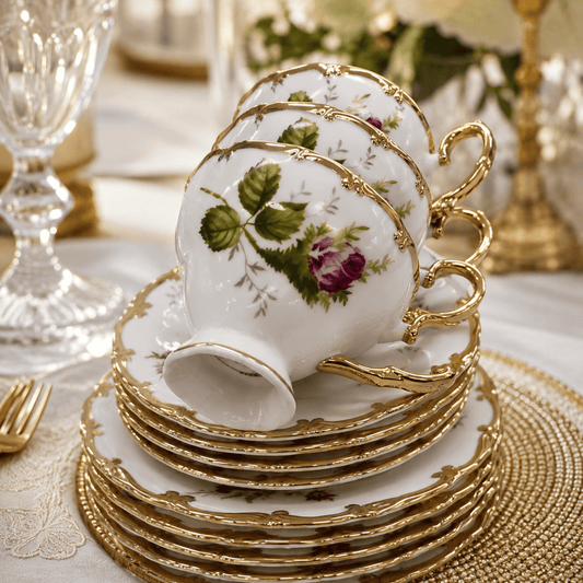 Kit Rosé Belle Époque | Juego de Tazas de Café en Porcelana Floral con Detalles Dorados