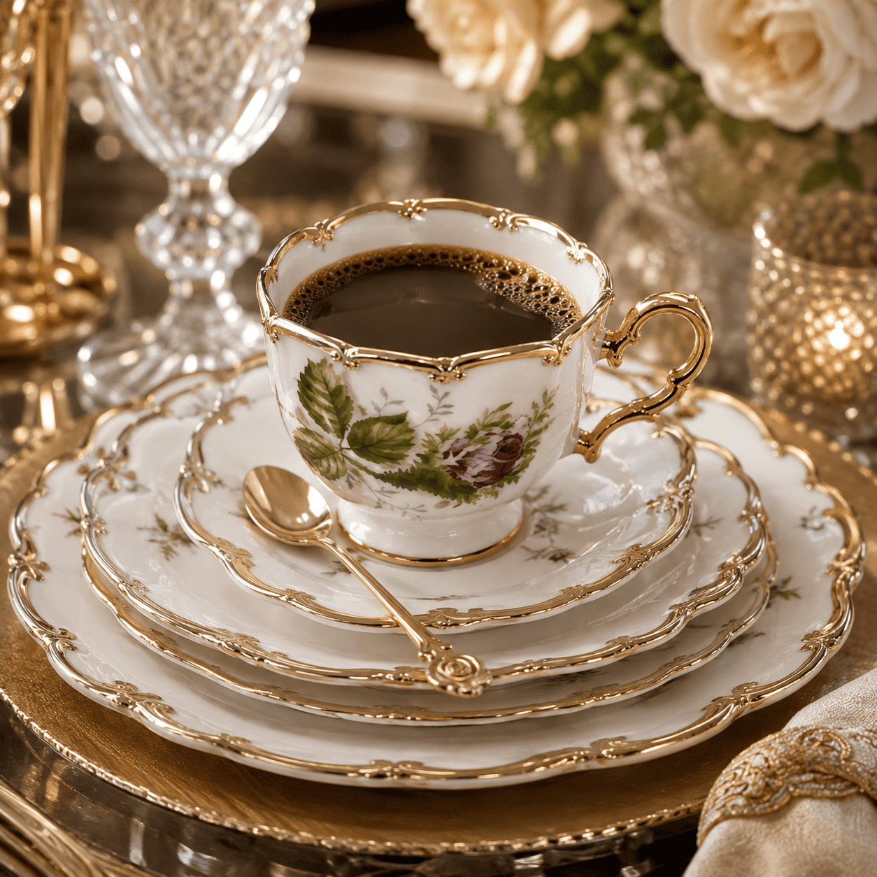 Kit Rosé Belle Époque | Juego de Tazas de Café en Porcelana Floral con Detalles Dorados