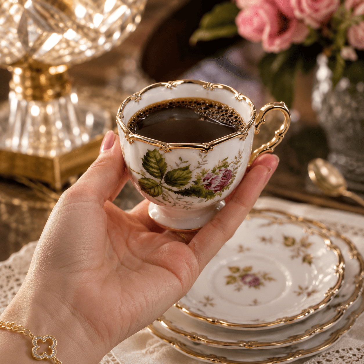 Kit Rosé Belle Époque | Juego de Tazas de Café en Porcelana Floral con Detalles Dorados