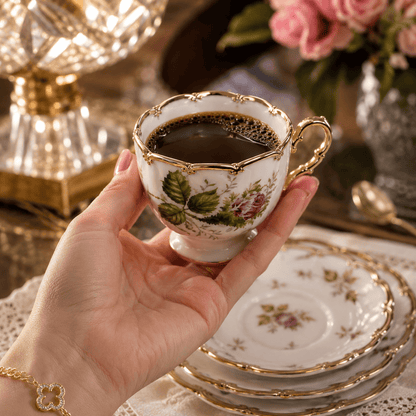 Kit Rosé Belle Époque | Juego de Tazas de Café en Porcelana Floral con Detalles Dorados