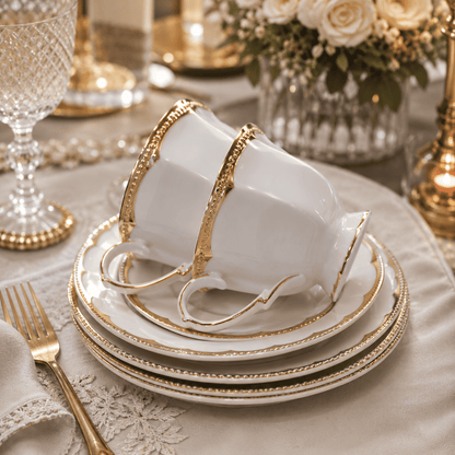 Juego de Tazas de Café de 6, 12 o 24 Piezas en Porcelana Blanca con Detalles Dorados | Kit Lujo Elegante Cafeto