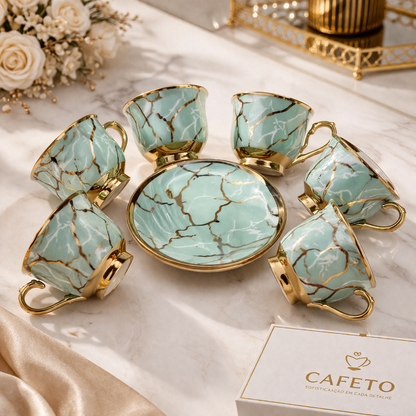 Juego de Tazas de Café Piezas de Porcelana Verde Jade con Detalles Dorados | Kit Jade Imperial