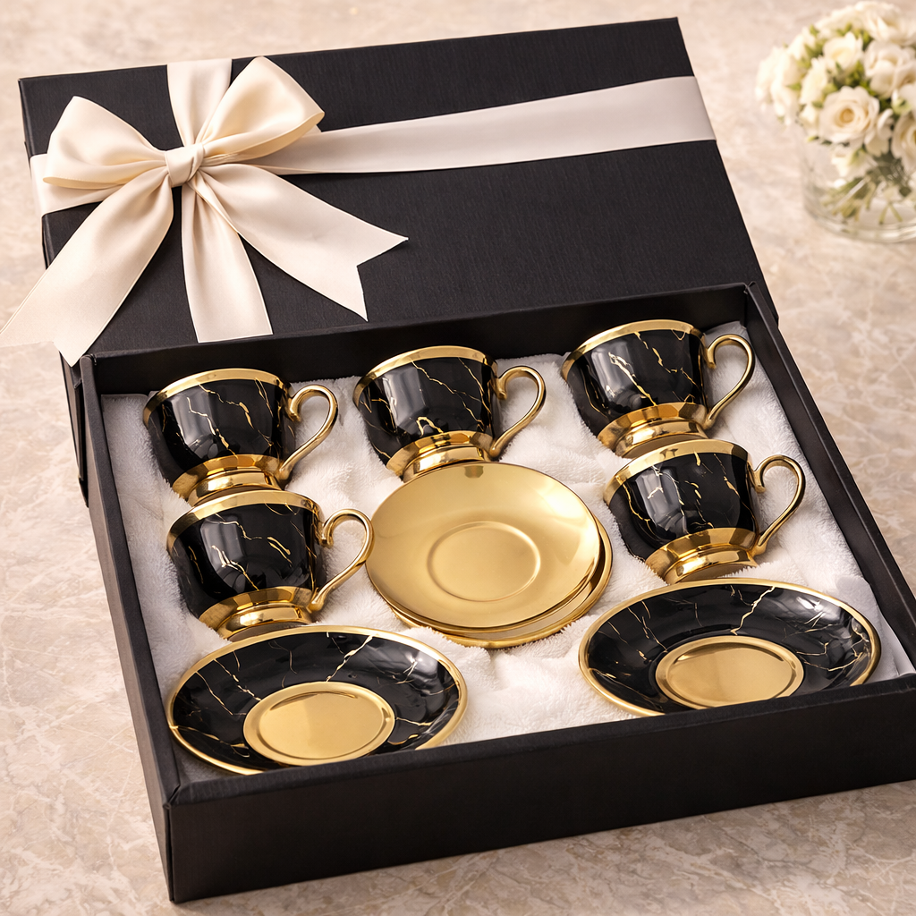Juego de Tazas de Café en Porcelana Negra con Detalles Dorados | Kit Noir Prestige