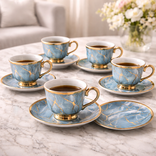 Juego de Tazas de Café en Porcelana Azul Marmolada con Detalles Dorados | Kit Blue Crystal