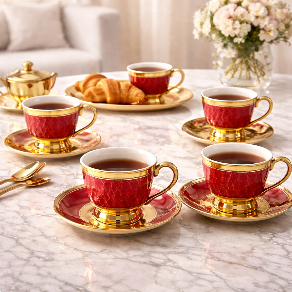 Juego de Tazas de Café de 6, 12 o 24 Piezas en Porcelana Roja con Detalles Dorados | Kit Royal Ruby