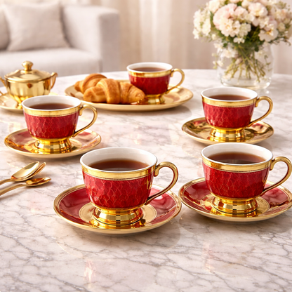 Juego de Tazas de Café de 6, 12 o 24 Piezas en Porcelana Roja con Detalles Dorados | Kit Royal Ruby