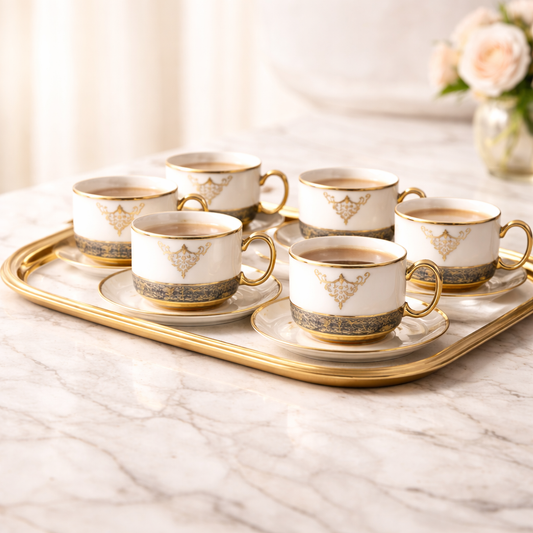 Jogo de Xícaras de Café 12 Peças em Porcelana com Detalhes Dourados | Kit Luxo Imperiale Gold