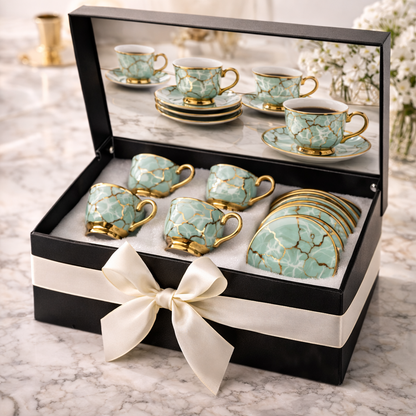 Juego de Tazas de Café Piezas de Porcelana Verde Jade con Detalles Dorados | Kit Jade Imperial