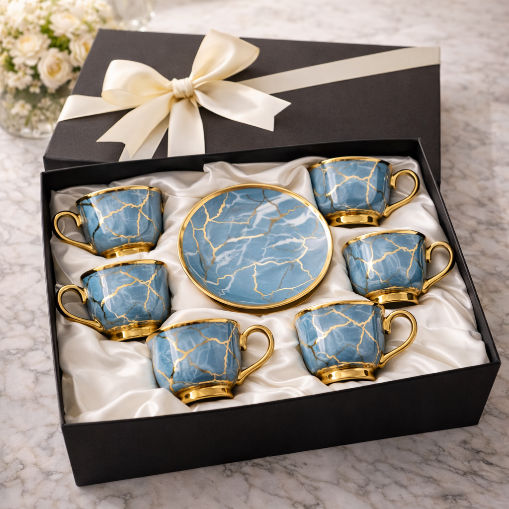 Juego de Tazas de Café en Porcelana Azul Marmolada con Detalles Dorados | Kit Blue Crystal