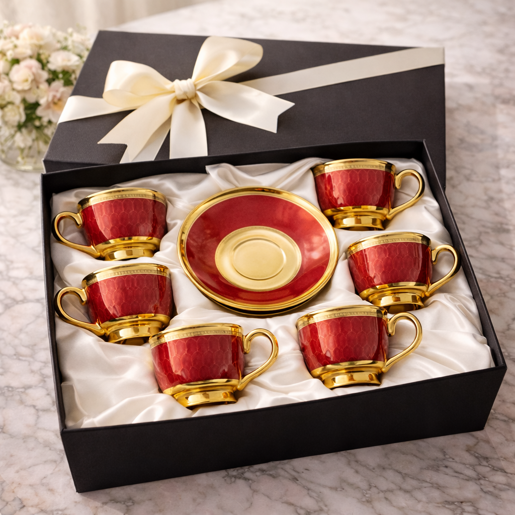 Juego de Tazas de Café de 6, 12 o 24 Piezas en Porcelana Roja con Detalles Dorados | Kit Royal Ruby