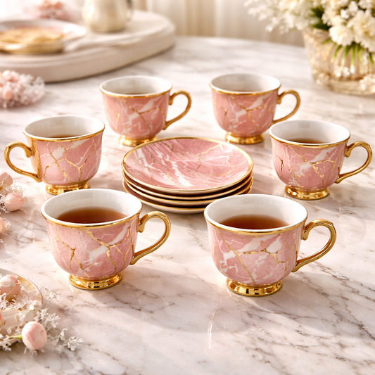 Juego de Tazas de Café en Porcelana Rosa Marmolada con Detalles Dorados | Kit Rose Marble
