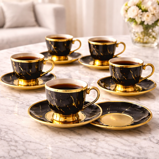 Juego de Tazas de Café en Porcelana Negra con Detalles Dorados | Kit Noir Prestige