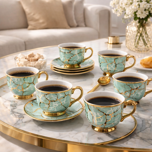 Juego de Tazas de Café Piezas de Porcelana Verde Jade con Detalles Dorados | Kit Jade Imperial