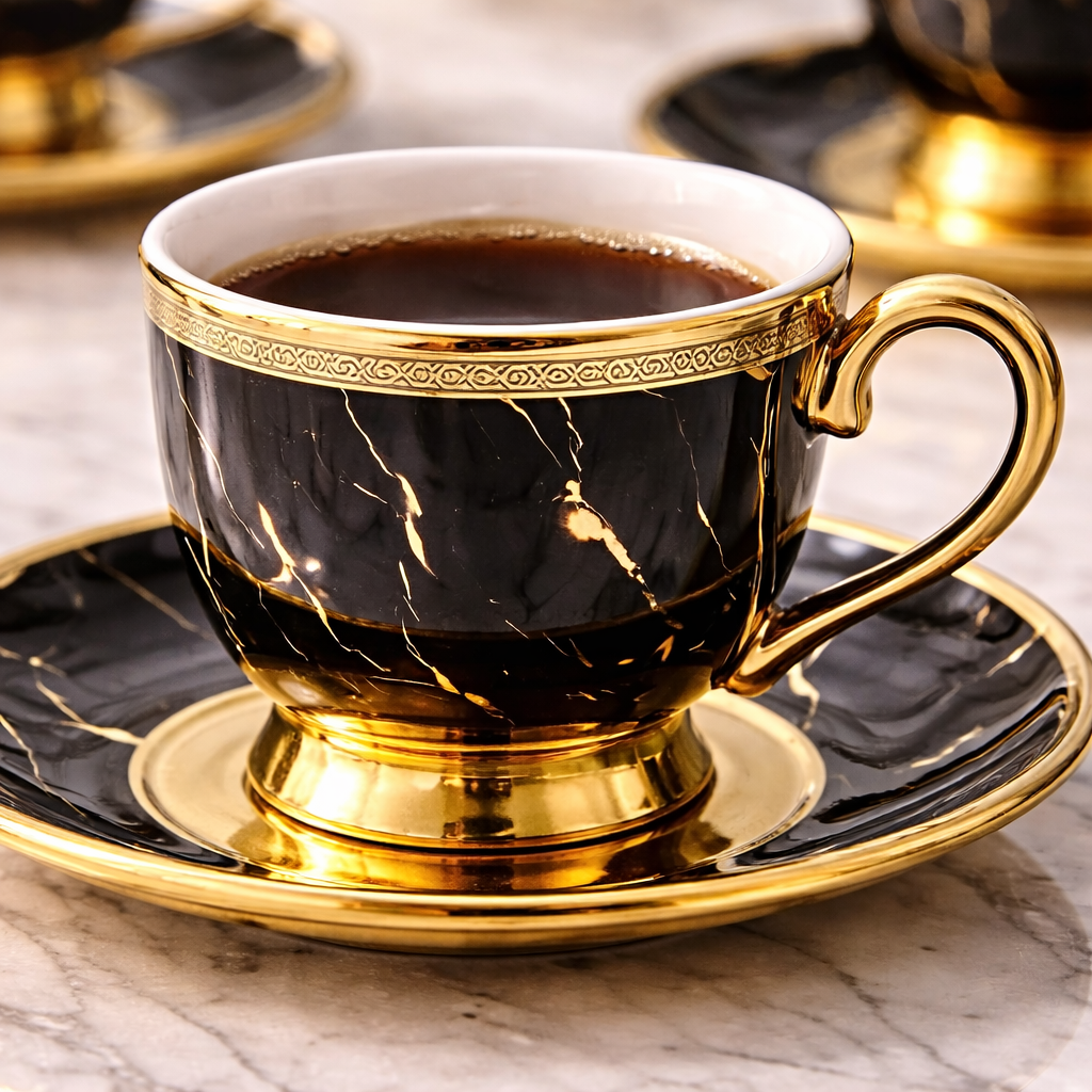 Juego de Tazas de Café en Porcelana Negra con Detalles Dorados | Kit Noir Prestige