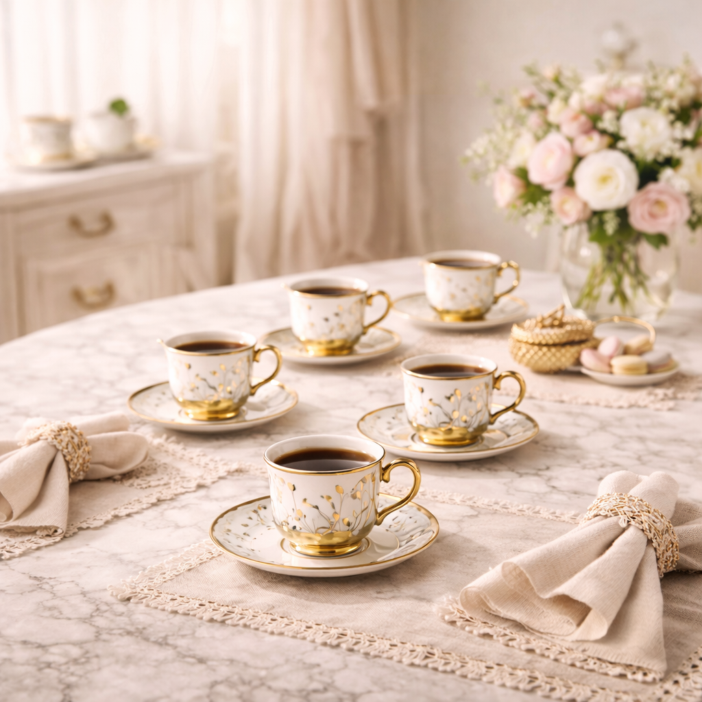 Jogo de Xícaras de Café 12 Peças em Porcelana Floral com Detalhes Dourados | Kit Aurora Gold