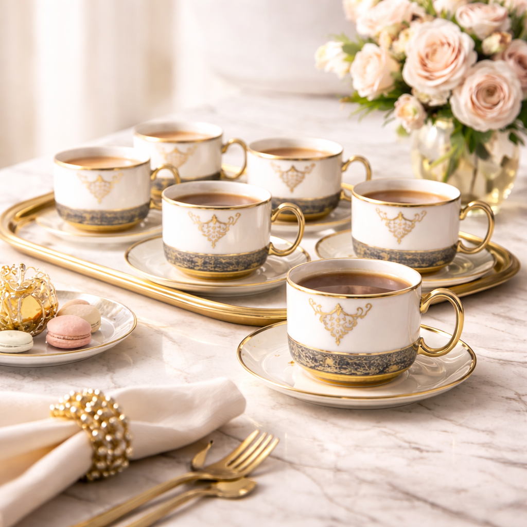 Jogo de Xícaras de Café 12 Peças em Porcelana com Detalhes Dourados | Kit Luxo Imperiale Gold