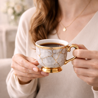 Juego de Tazas de Café en Porcelana Floral con Detalles Dorados | Kit Aurora Gold