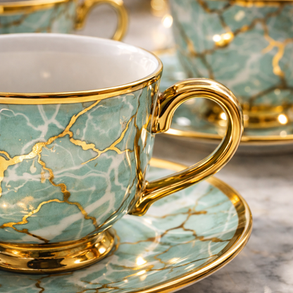 Juego de Tazas de Café Piezas de Porcelana Verde Jade con Detalles Dorados | Kit Jade Imperial