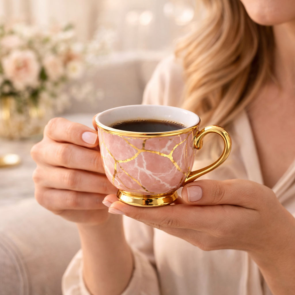 Juego de Tazas de Café en Porcelana Rosa Marmolada con Detalles Dorados | Kit Rose Marble