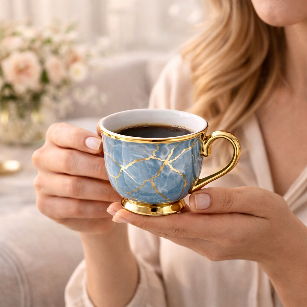 Juego de Tazas de Café en Porcelana Azul Marmolada con Detalles Dorados | Kit Blue Crystal
