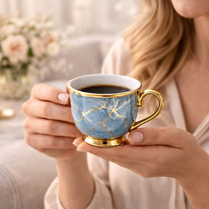Juego de Tazas de Café en Porcelana Azul Marmolada con Detalles Dorados | Kit Blue Crystal