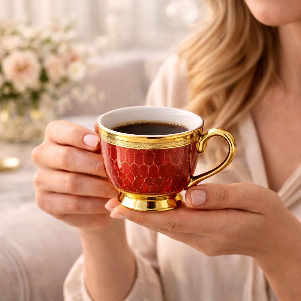 Juego de Tazas de Café de 6, 12 o 24 Piezas en Porcelana Roja con Detalles Dorados | Kit Royal Ruby