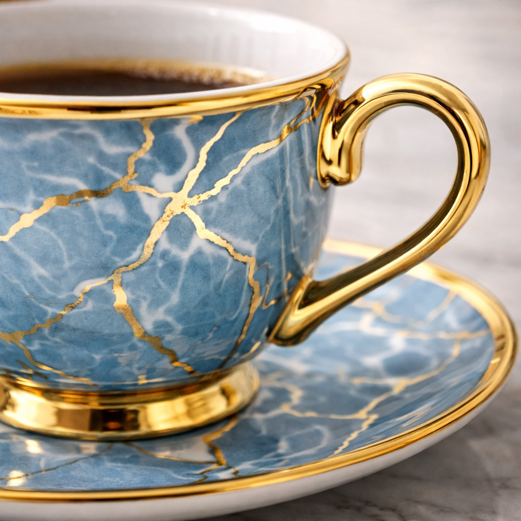 Juego de Tazas de Café en Porcelana Azul Marmolada con Detalles Dorados | Kit Blue Crystal