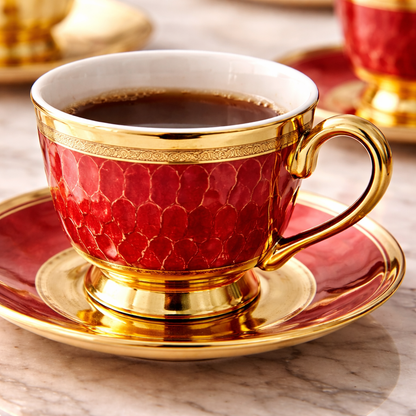 Juego de Tazas de Café de 6, 12 o 24 Piezas en Porcelana Roja con Detalles Dorados | Kit Royal Ruby