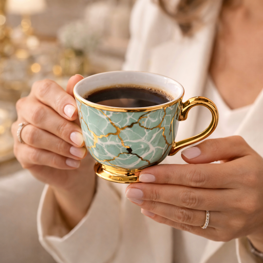 Juego de Tazas de Café Piezas de Porcelana Verde Jade con Detalles Dorados | Kit Jade Imperial