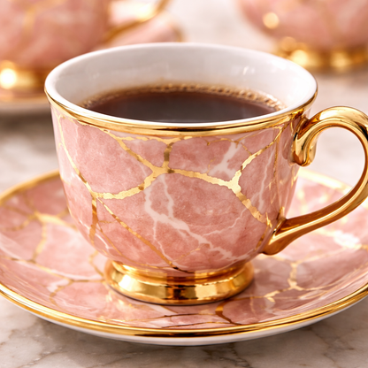 Juego de Tazas de Café en Porcelana Rosa Marmolada con Detalles Dorados | Kit Rose Marble